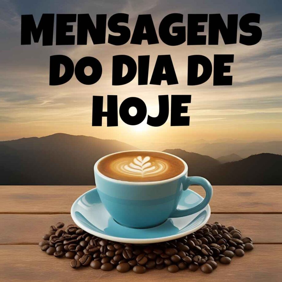 Uma xícara de café azul com latte art em forma de folha está sobre uma superfície de madeira, cercada por grãos de café, com montanhas e um nascer do sol ao fundo. O texto Mensagens do Dia de Hoje destaca uma mensagem para o dia de hoje pra inspirar sua manhã.