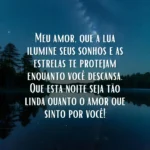 Mensagem de boa noite para meu amor: Uma imagem noturna tranquila com a lua refletindo em um corpo d'água cercado por árvores escuras, exibindo a mensagem "Meu amor, que a lua ilumine seus sonhos e as estrelas te protejam enquanto você descansa. Que esta noite seja tão linda quanto o amor que sinto por você!