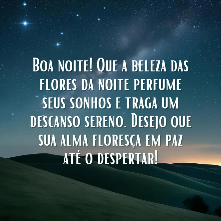 Mensagem de boa noite com flores: Uma paisagem noturna suave com um céu estrelado e um horizonte sutilmente iluminado, exibindo a mensagem "Boa noite! Que a beleza das flores da noite perfume seus sonhos e traga um descanso sereno. Desejo que sua alma floresça em paz até o despertar!