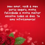 Imagem com fundo vermelho, decorada com corações e rosas vermelhas. No centro, uma mensagem romântica expressando amor e carinho para namorado.