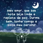 Casal em cenário noturno com Mensagem de Amor Boa Noite sobre paz e carinho sob estrelas e lua.