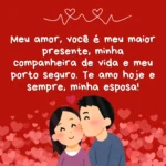 Casal se beijando com Mensagem de Amor Esposa sobre companheirismo e amor eterno em fundo vermelho com corações.