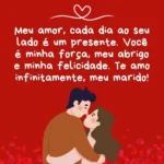 Casal se abraçando com Mensagem de Amor para Marido sobre felicidade e apoio em fundo vermelho com corações.