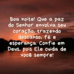 Pôr do sol sobre o rio com Mensagem de Boa Noite Evangélica sobre paz e fé em Deus.