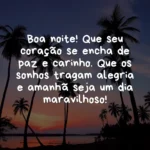 Pôr do sol com palmeiras e Mensagem de Boa Noite com Carinho Whatsapp sobre paz e alegria.